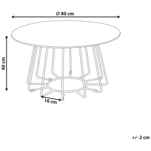Croquis : Table basse Bernie, Ø 80 cm, verre de sécurité aspect marbre, structure en métal.