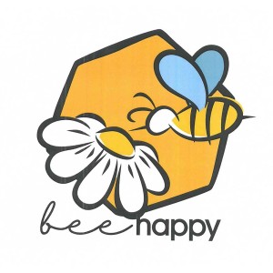 Illustrazione di un'ape e un fiore davanti a un esagono giallo con la scritta "bee happy".