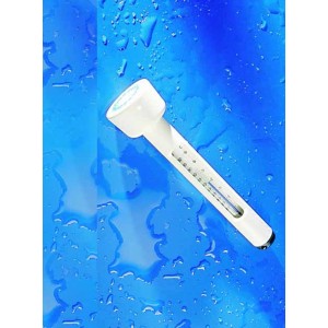 Thermomètre flottant blanc pour mesurer la température de la piscine sur fond bleu avec des gouttes d'eau.