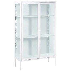 Vitrine blanche Beliani Nash en acier avec portes en verre et trois étagères (150x90x35cm).