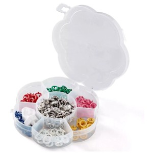 Prym Flower Box con bottoni a pressione colorati (8 mm, 60 pz) e strumento per un facile fissaggio.