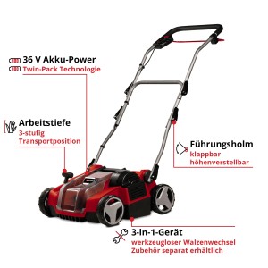 Scarificateur sans fil Einhell GE-SC 36/35 Li-Solo, rouge/noir. Scarificateur électrique pour l'entretien de la pelouse.