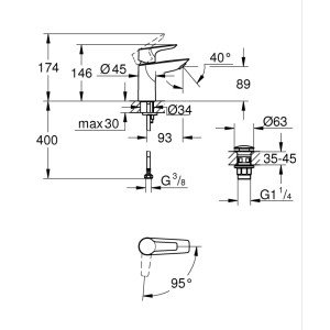 Dessin technique : Mitigeur de lavabo Grohe QuickFix Start Alira chrome S avec dimensions.