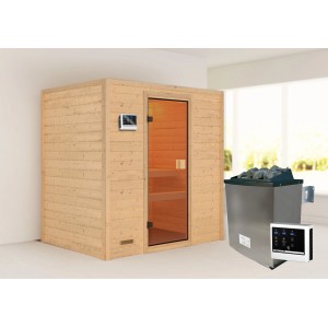 Sauna Woodfeeling Selena con stufa e porta in vetro bronzato. Sauna in legno massello per momenti di relax.