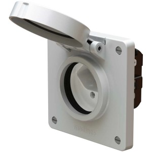 Prise en saillie Exo Type13 IP55 gris clair avec couvercle rabattable ouvert.