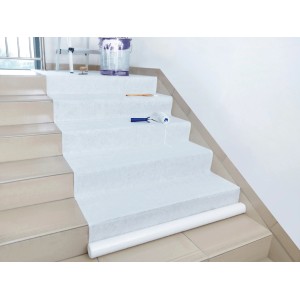 Non-tissé d'escalier auto-adhésif 10m² sur escalier, avec seau de peinture et rouleau. Matériel de protection pour rénovation.
