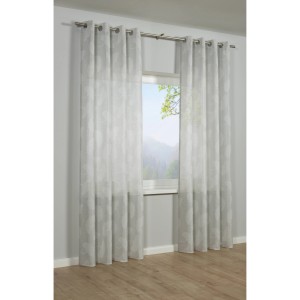 Tenda a occhielli Bennetti grigio argento con motivo a foglia di Ginkgo, semitrasparente, 140x245 cm.