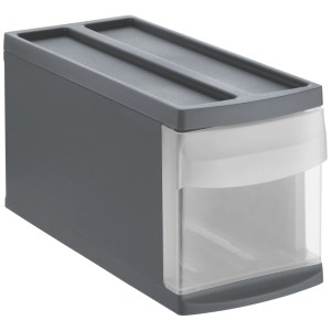 Rotho Schubladenbox Systemix S, anthrazitfarbene Aufbewahrungsbox mit transparenter Schublade.