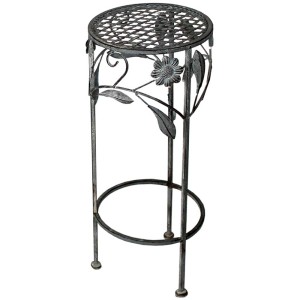 Sgabello per piante rotondo in ferro grigio antico con decoro floreale, altezza 50 cm.