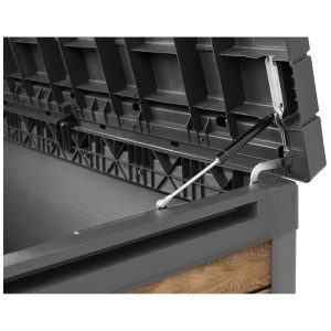 Keter Deckbox Ashwood aperta, 380 l, con molla a gas e effetto legno. Box universale per giardino e terrazzo.