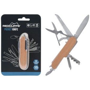 Redcliffs Taschenmesser mit hellem Holzgriff, 15 Edelstahl-Funktionen ausgeklappt, daneben verpackt.
