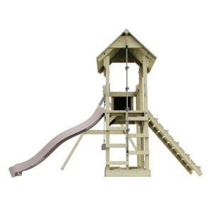 Altalena per bambini PolarPlay Bergen altrosa con scivolo e torre di arrampicata in legno.