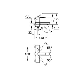 Disegno tecnico del miscelatore monocomando per vasca Grohe Lineare con dimensioni.