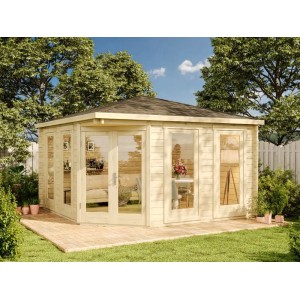 Casetta da giardino Alpholz Maja a 5 lati con tetto a punta, impregnata, 425x425 cm. Casette da giardino in legno con molte finestre.