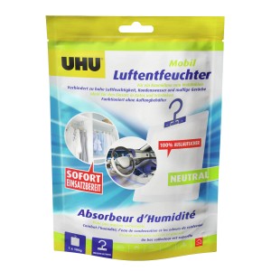 UHU Déshumidificateur Mobile 100g en sachet avec exemples d'application.