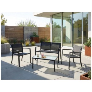 Set lounge Beliani Tavoleto 4 places gris foncé acier sur terrasse: canapé, 2 fauteuils, table basse verre.