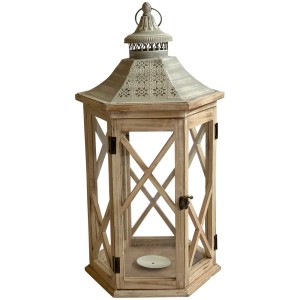 Lanterne hexagonale en bois marron clair (taille M) pour des accents lumineux chaleureux à l'intérieur et à l'extérieur.