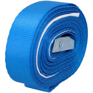 Sangle d'arrimage bleue Unitec, 5 m de long, avec fermeture à pince, enroulée.