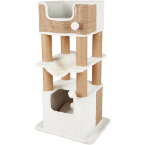 Arbre à chat Trixie Lucano, 110 cm, blanc/taupe avec poteaux en sisal, hamac et jouets.