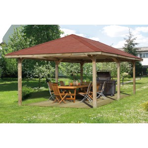 Weka Gartenoase 651 B Gr. 3 Set: Gazebo in legno con tetto rosso, tavolo, sedie e grill.