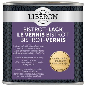 Barattolo di vernice Liberon Le Vernis Bistrot, incolore, finitura satinata per superfici in legno.