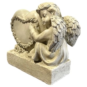 Figurine d'ange grise avec cœur, hauteur 16,5 cm, en polyrésine, pour décoration de tombe ou jardin.