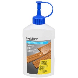 Holzleim, kaltwasserfest, 560g Flasche mit blauem Verschluss. Ideal für Innen- und Außenbereich.