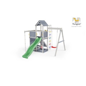 Torre gioco Activer marrone con scivolo, altalena e parete da arrampicata per bambini.