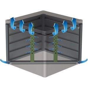 Composteur Biohort MonAmi, gris foncé, avec tuyaux de ventilation et circulation d'air (flèches).