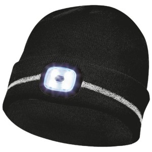 Schwarze Gebol LED-Strickmütze mit Reflektionsstreifen und integrierter Lampe.