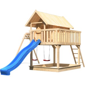Cabane sur pilotis Karibu Fidel avec toboggan bleu et balançoire double en bois.