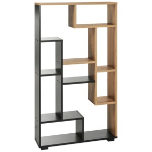 Étagère Beliani Alma, marron/noir, avec 9 compartiments ouverts asymétriques aspect chêne. Style industriel.