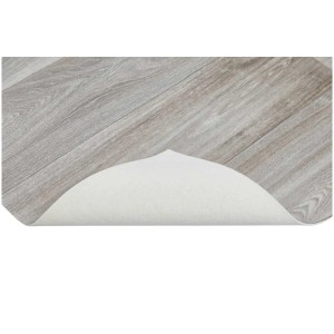Revêtement de sol CV aspect lames de plancher rustiques, structure bois gris, largeur 4 m.