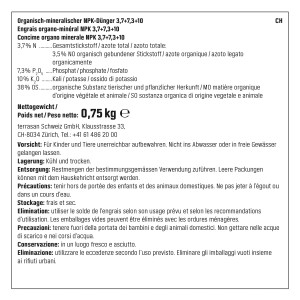 Detailaufnahme der Inhaltsangaben GROW by OBI BIO Tomaten- und Kräuter-Dünger 750g.