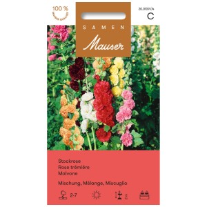 Sachet de graines de roses trémières mélange avec des fleurs de différentes couleurs.