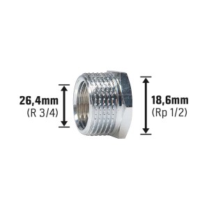 Riduttore filettato in ottone cromato, 18,6 mm (Rp 1/2) x 26,4 mm (R 3/4) per raccordi filettati.