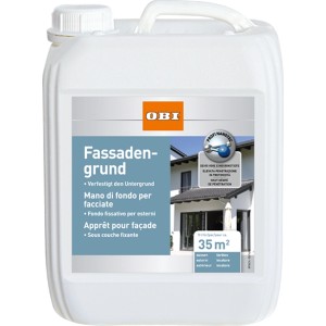 Weißer 5 l Kanister OBI Fassadengrund Transparent zur Untergrundverfestigung.