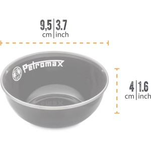 Ciotola in smalto Petromax, nera, 160ml, set da 2, vista dettagliata con informazioni sulle dimensioni.