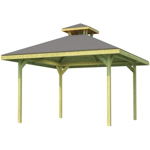Weka Pavillon Gartenoase 651 con tettoia, 380x380 cm, struttura in legno con tetto grigio.
