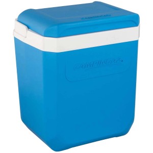 Blaue Campingaz Kühlbox Icetime Plus, 26 Liter Fassungsvermögen, mit weißem Deckel.
