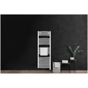 Radiateur sèche-serviettes blanc Sonnenkönig Nela 3 avec serviette sur mur sombre.