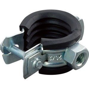 Collare di supporto insonorizzato (Ø 20-23 mm) in acciaio zincato con inserto in gomma per riduzione del rumore.
