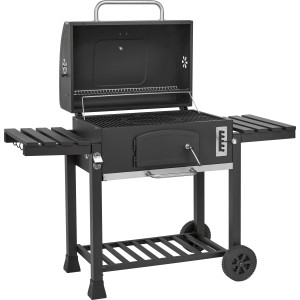 Barbecue a carbone nero Jamestown Jaxon XL con griglia modulare e tavolini laterali.