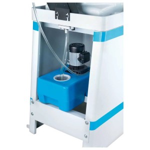 Dettaglio della sega circolare per metalli Alduro MKS-315S con pompa e serbatoio del refrigerante.