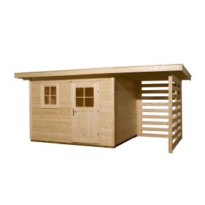 Casetta da giardino in legno grezzo con tetto piatto e annesso, 504x375 cm.