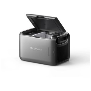 Glacière à compression Ecoflow Glacier 55, grise, 55 litres, avec couvercle ouvert.