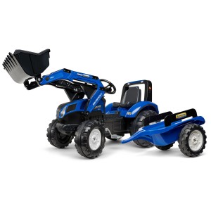 Trattore blu Falk New Holland XL con rimorchio e caricatore frontale.