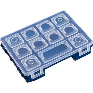 Blauer LUX Sortierkasten mit 6 Fächern und transparentem Deckel für Aufbewahrung.