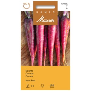 Samenpackung Karotte Nutri Red: Tiefrote Karotten auf Holzgrund.