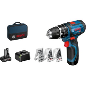 Trapano avvitatore a percussione Bosch Professional GSB 12V-15 con batterie, caricabatterie, borsa e accessori.
